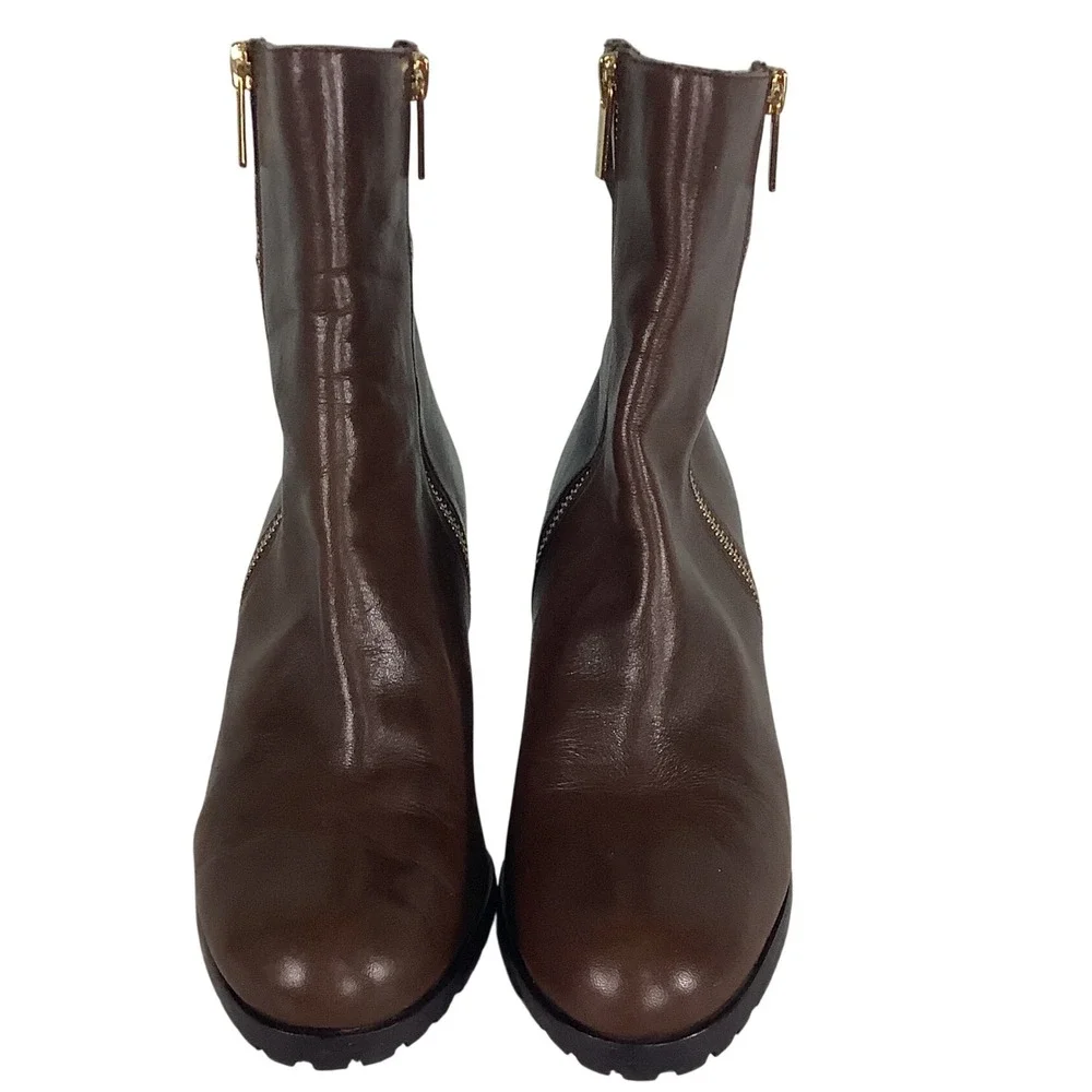 Michael Kors‎ Brown Leather Wedge Ankle Boots Gold Zip Lug Sole Womens 7.5M